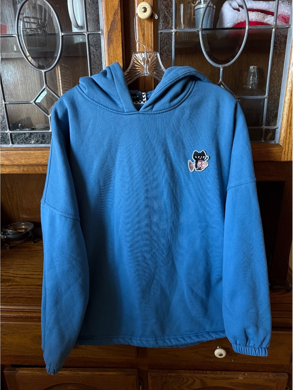 Toby Black Hoodie Small Cat Fish Patch Embroidered Steel Blue Kawaii